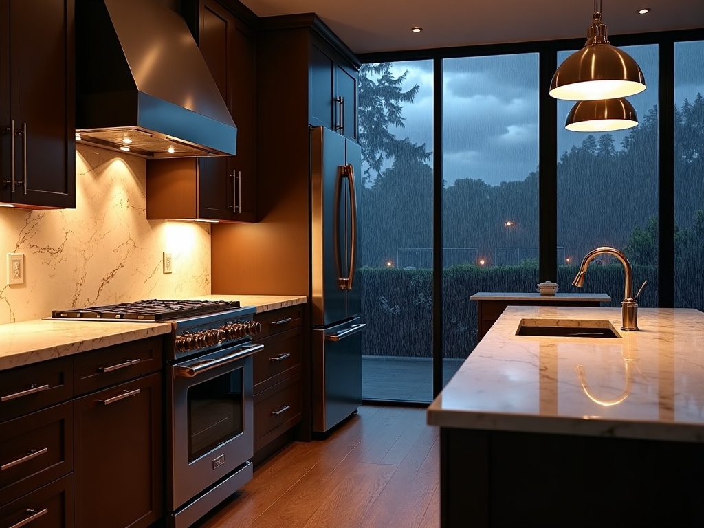 Whole-Home Standby Backup Power A fully powered upscale home kitchen running on whole-home standby backup power during a nighttime monsoon storm in Arizona