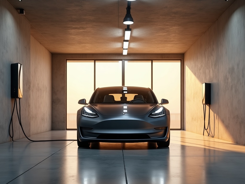 A Tesla Model 3 fully connected to a Level 2 Wall Connector installed through professional Tesla charger installation services in a modern Maricopa County home garage