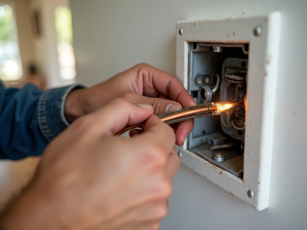 An electrician carefully wiring a new ceiling light as part of a safe and code-compliant fixture replacement installation in a Scottsdale dining room