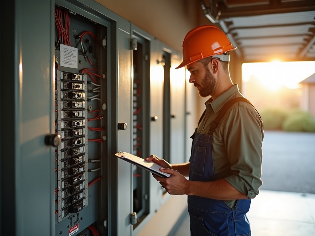 An electrician reviewing panel capacity before completing equipment and appliance hookup electrical services in a modern Scottsdale garage