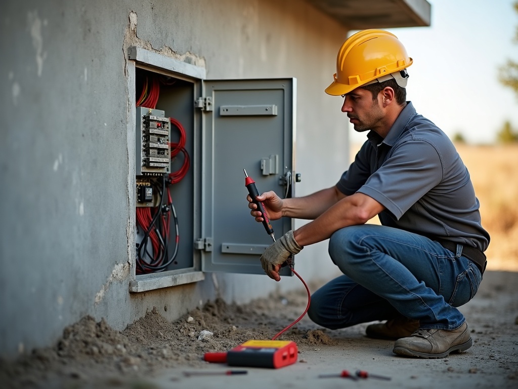 A licensed electrician inspecting an automatic transfer switch panel as part of a professional generator repair and maintenance visit at a residential property
