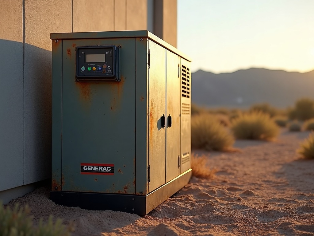 A commercial standby generator installation mounted outside a business building showing the generator housing and control interface