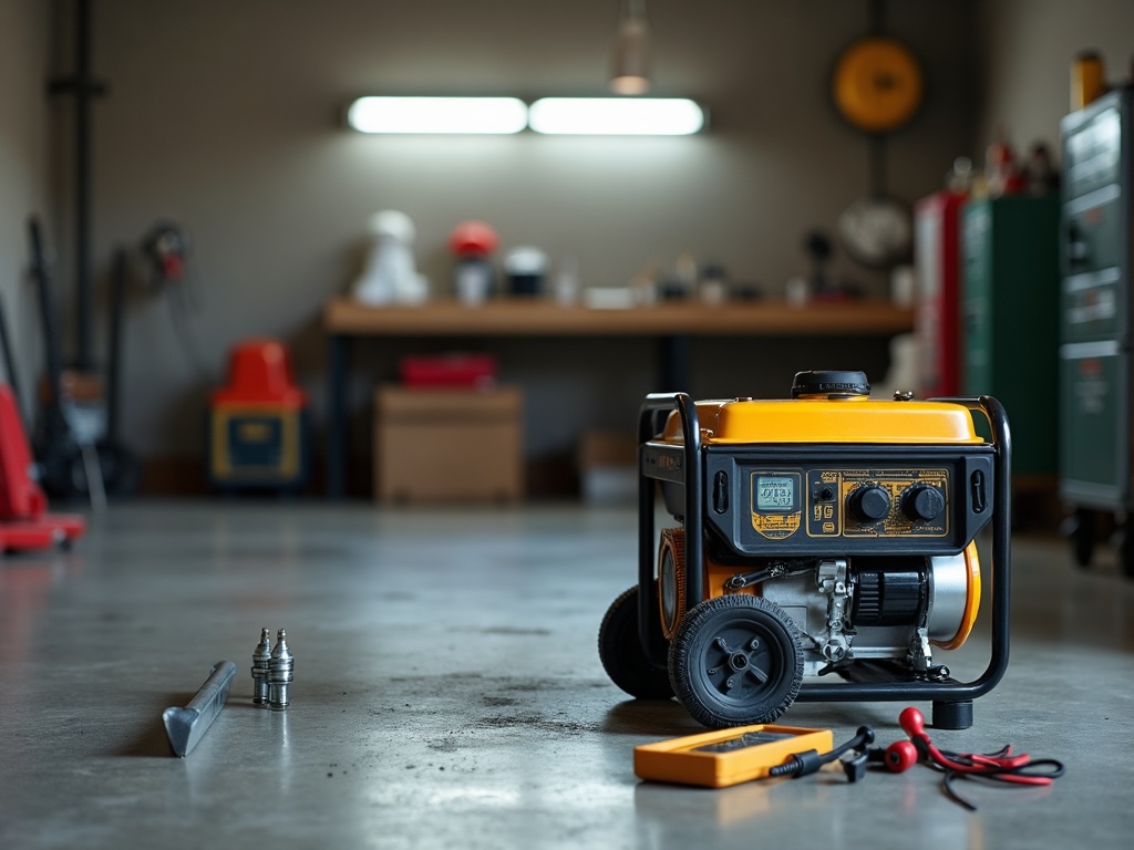 A portable generator receiving a full tune-up and inspection during a scheduled generator repair and maintenance service call in a clean residential garage