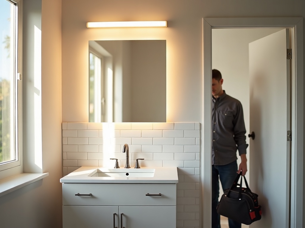 A freshly completed bathroom vanity light fixture replacement installation showing a modern light bar above a mirror in a Maricopa County home