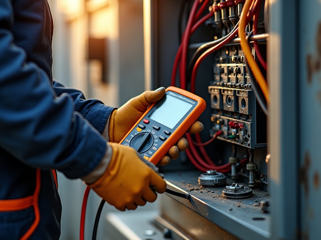 A technician using a multimeter to verify voltage output during a generator tune-up & maintenance electrical inspection