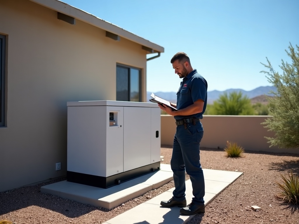 A uniformed electrician reviewing a service checklist during a commercial generator tune-up & maintenance visit at a Scottsdale business