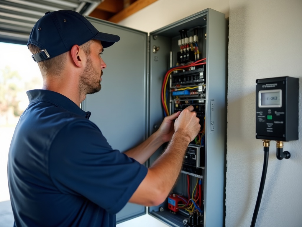 Whole-Home Automatic Backup Power A licensed electrician installing an automatic transfer switch for a whole-home automatic backup power system inside a modern residential garage panel