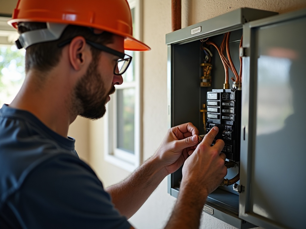 A professional electrician wiring a dedicated 240-volt circuit in a residential panel as part of a garage electrical upgrades home electrical services installation in <span class="av_sa_city">Scottsdale</span>, <span class="av_sa_state">AZ</span>