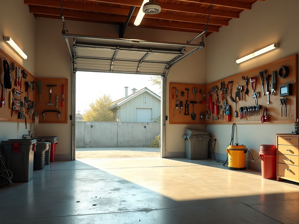 A well-lit residential garage with professionally installed LED lighting and upgraded electrical outlets showcasing completed garage electrical upgrades home electrical services work in <span class="av_sa_city">Scottsdale</span>, <span class="av_sa_state">AZ</span>
