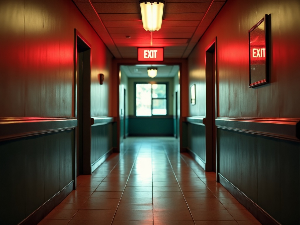 Emergency & Exit Lighting Installation Completed emergency & exit lighting installation illuminating a restaurant egress corridor in compliance with NFPA 101 life-safety code.