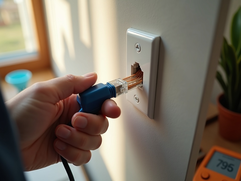 A technician precisely terminating a Cat6 ethernet port in a home office wall plate during a professional data and low voltage wiring services installation.