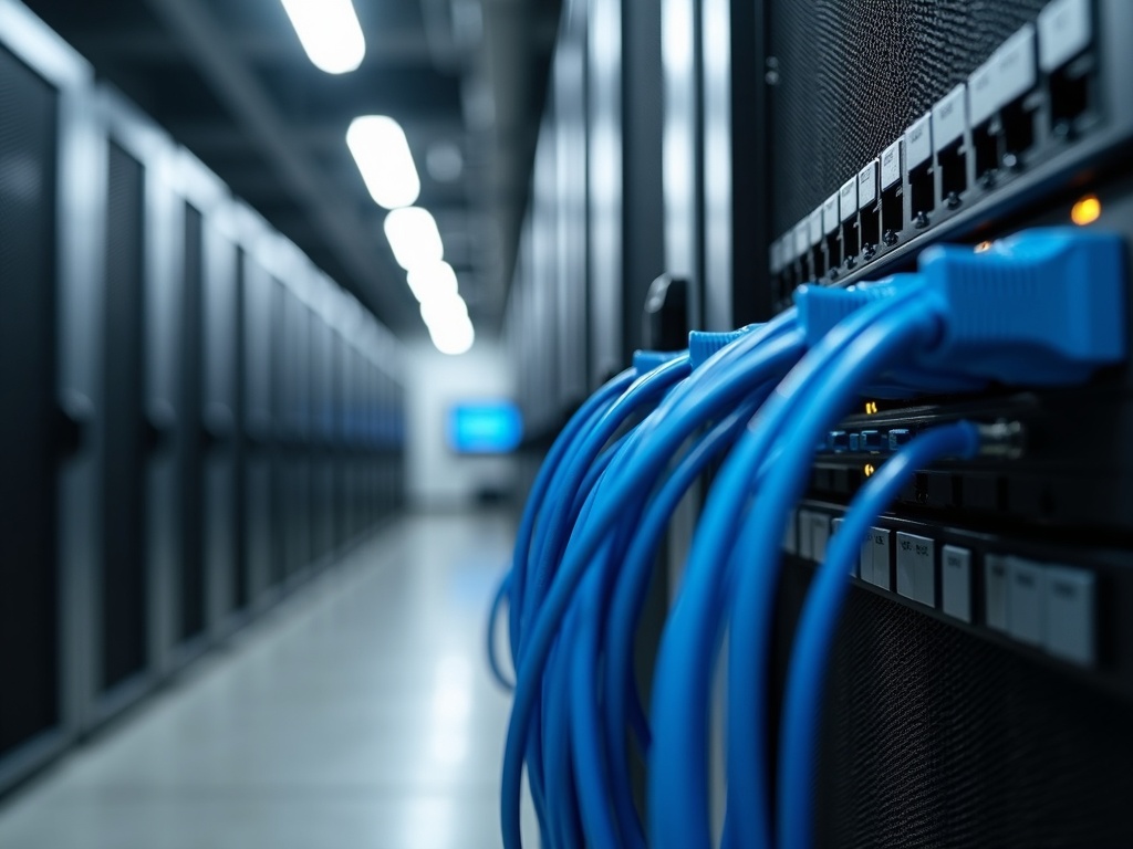 A professionally organized commercial structured wiring closet with neatly routed patch cables installed as part of complete data and low voltage wiring services for a business.