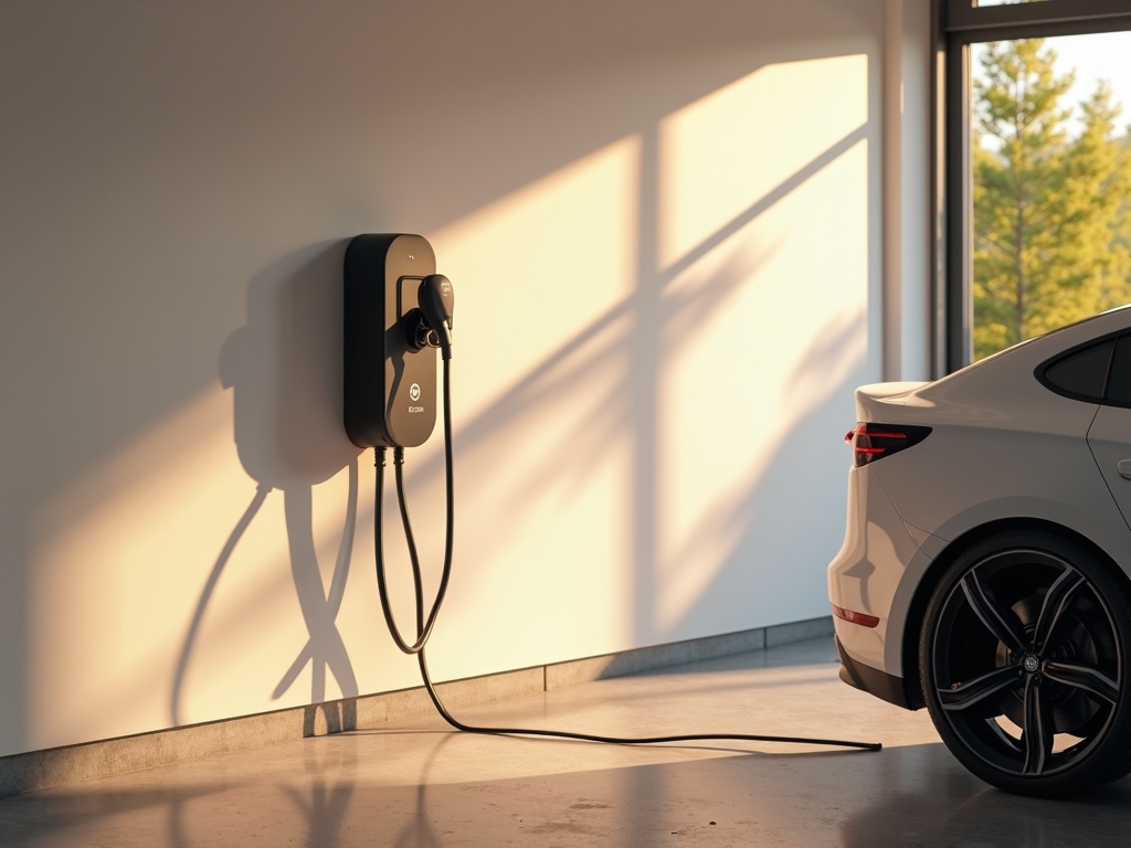 A licensed electrician completing a home charging setup for Lucid Air by mounting a Level 2 EVSE on the garage wall beside the vehicle in a Scottsdale home.