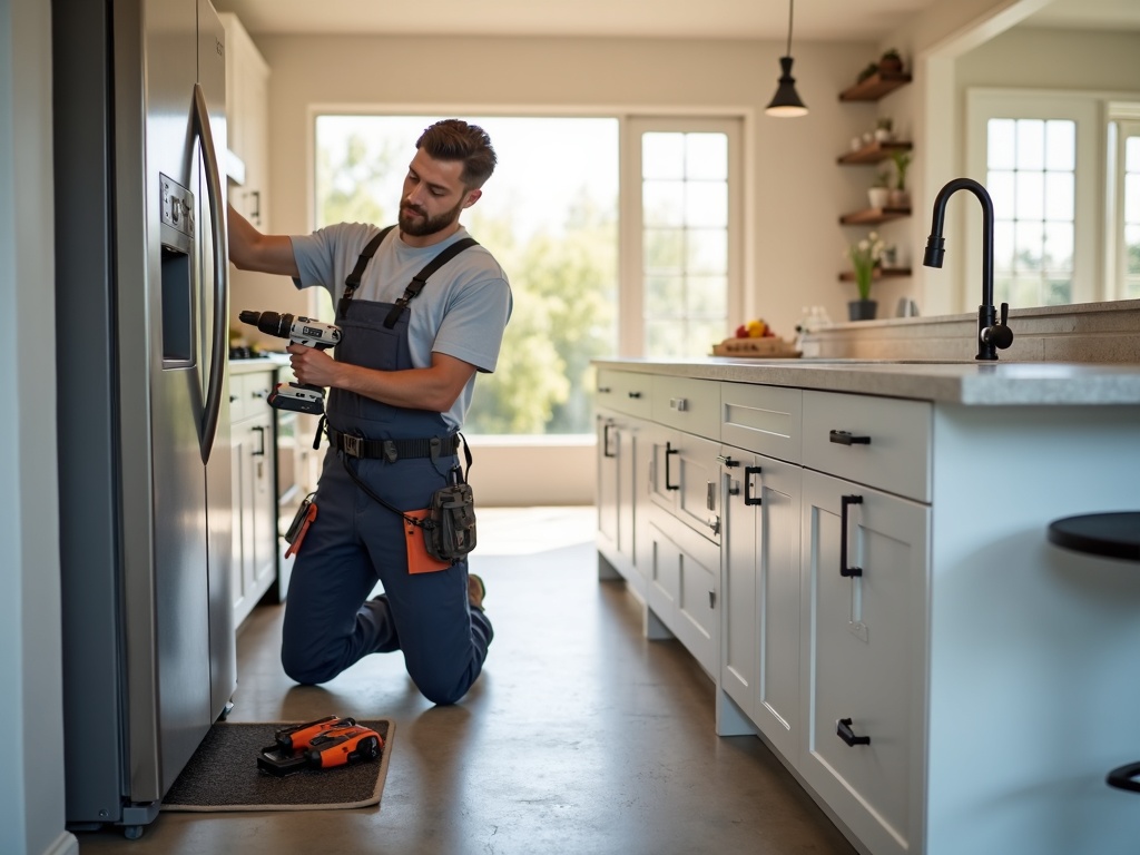 Does a Refrigerator Actually Need a Dedicated Circuit? Here's the Honest Answer A licensed electrician installing a dedicated outlet for a refrigerator in a modern Scottsdale kitchen, demonstrating does a refrigerator need a dedicated circuit
