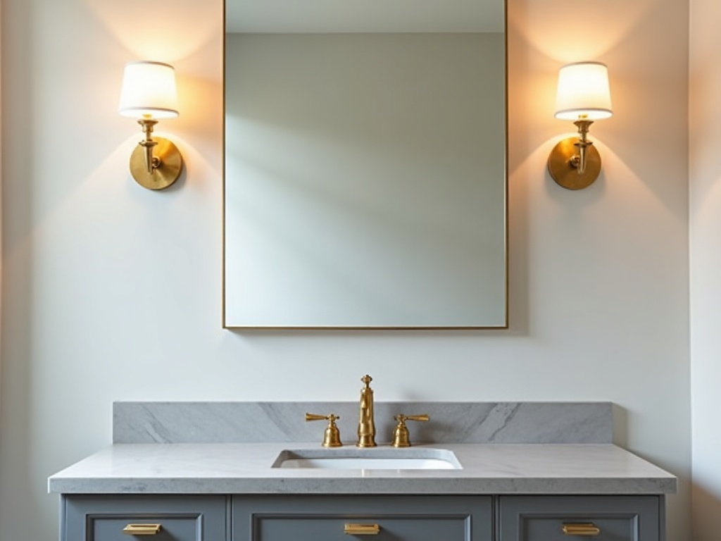 a licensed electrician completing vanity light wiring bathroom remodel work above a frameless mirror in a modern white-tiled bathroom
