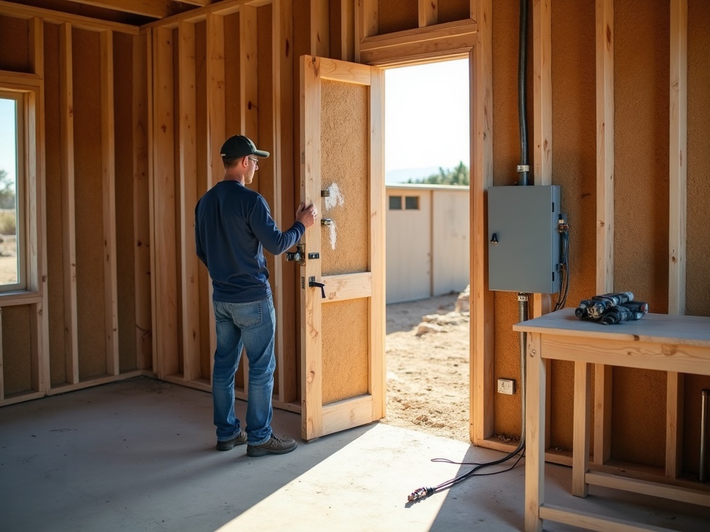 A licensed electrician installing a subpanel for a detached structure electrical service inside a timber-framed workshop in a Scottsdale backyard