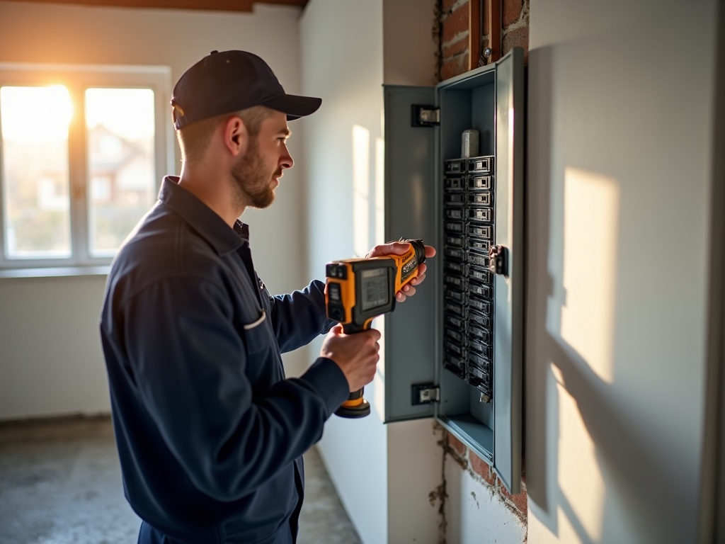 A licensed electrician using a thermal camera to diagnose common home electrical problems inside a residential electrical panel in a Scottsdale home