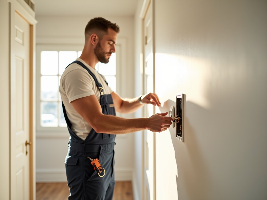 A licensed electrician performing zigbee smart switch installation in a modern Scottsdale home, connecting neutral wires at an open smart switch box with contemporary finishes in the background.