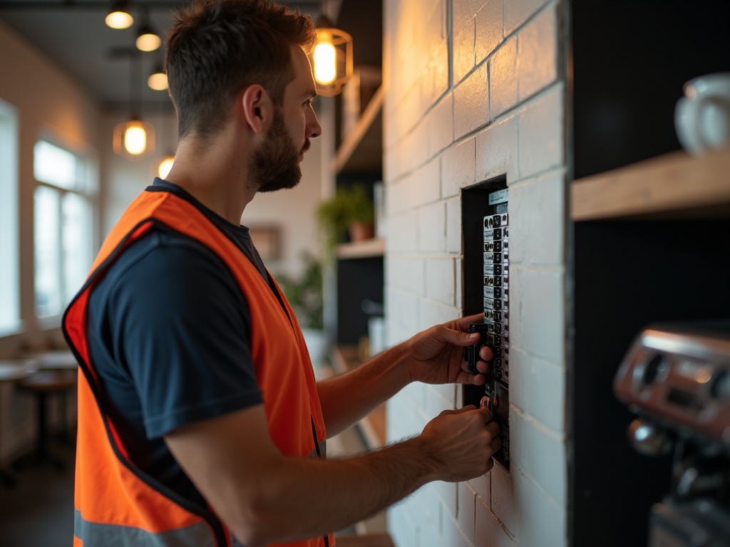 A licensed electrician installing dedicated circuits for coffee shop electrical wiring inside a modern Scottsdale café with an espresso machine visible in the background.
