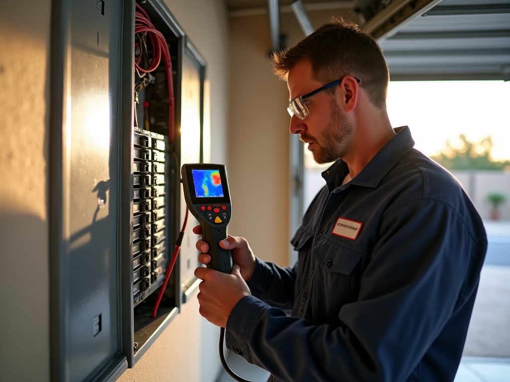 A licensed electrician using a thermal imaging camera to inspect an open residential electrical panel — part of a professional assessment of how old is my electrical panel and whether it needs upgrading.
