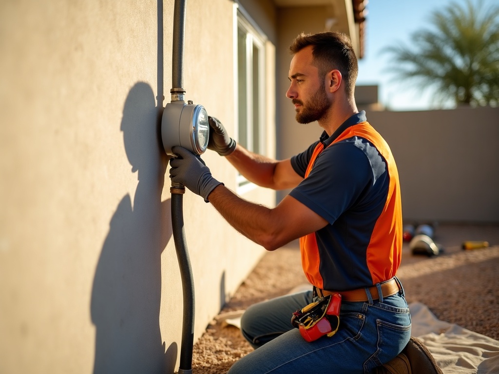 A licensed electrician completing a meter base installation on a modern Scottsdale home's exterior stucco wall in afternoon sunlight
