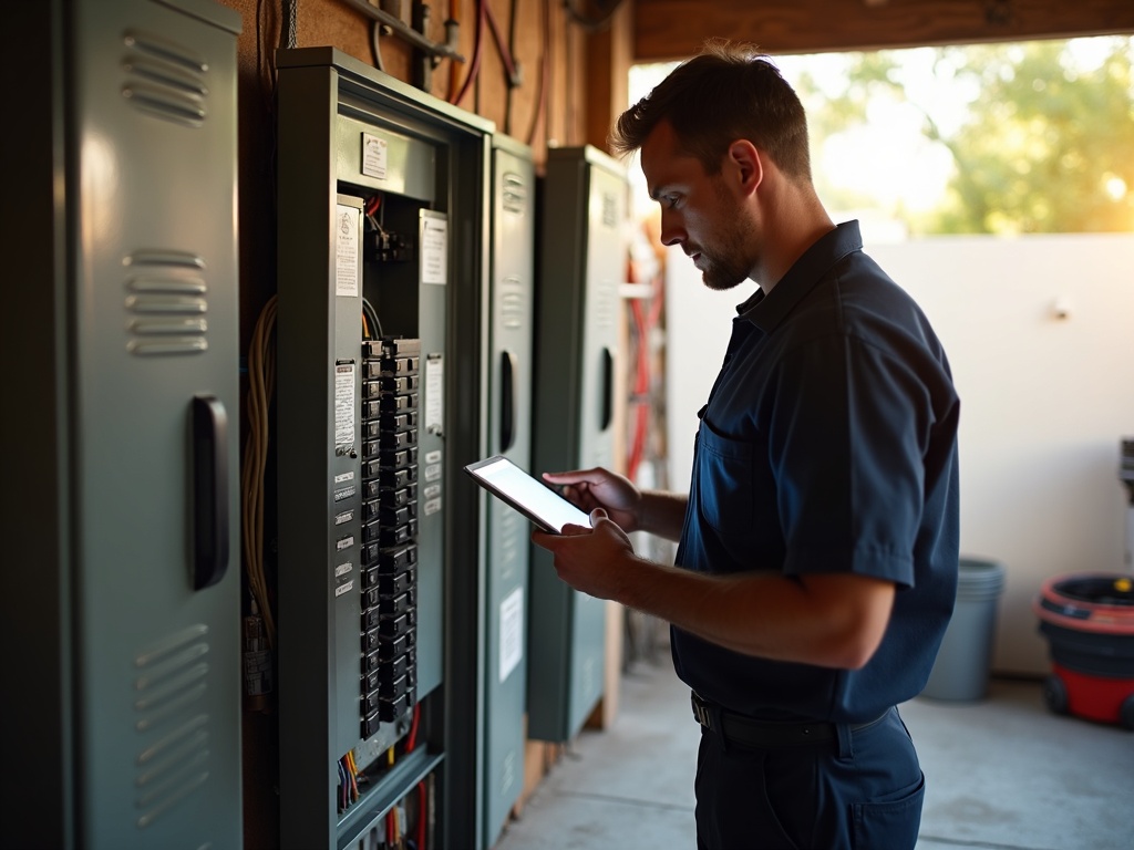 A licensed electrician reviewing circuit data during a home electrical load assessment at a Scottsdale residential property