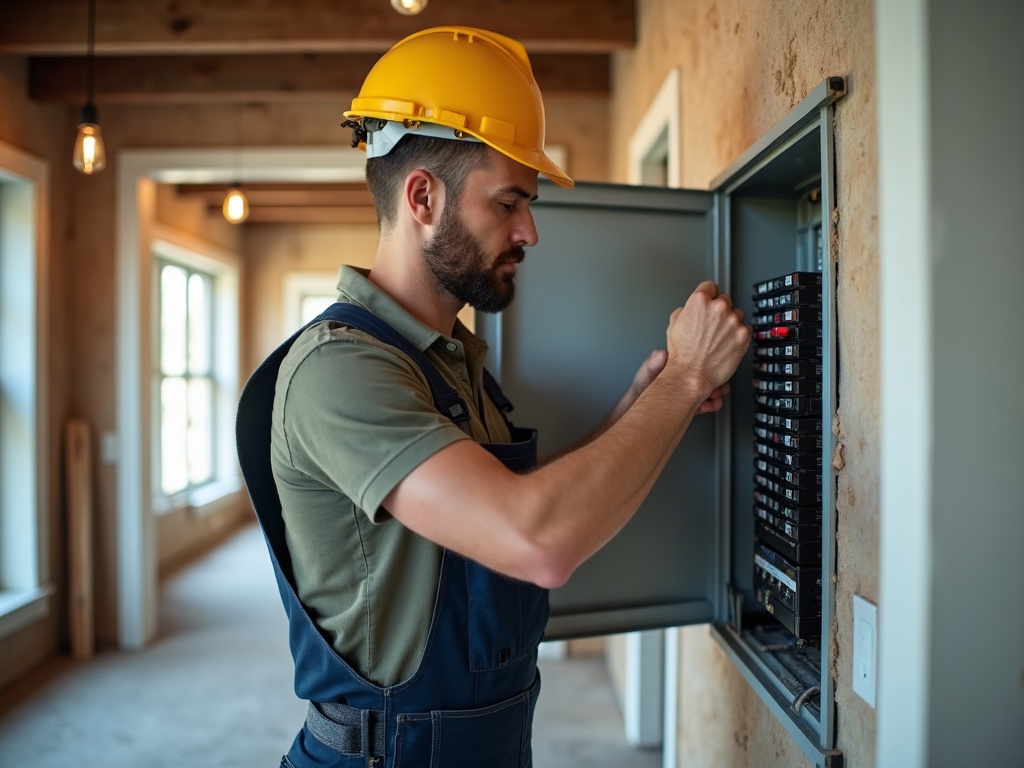 A licensed electrician completing electrical contractor for coffee shop panel work, installing dedicated circuit breakers inside a modern café buildout