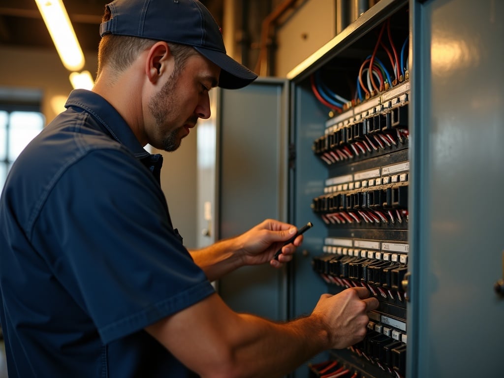 A licensed electrician completing electrical contractor for coffee shop panel work, installing dedicated circuit breakers inside a modern café buildout