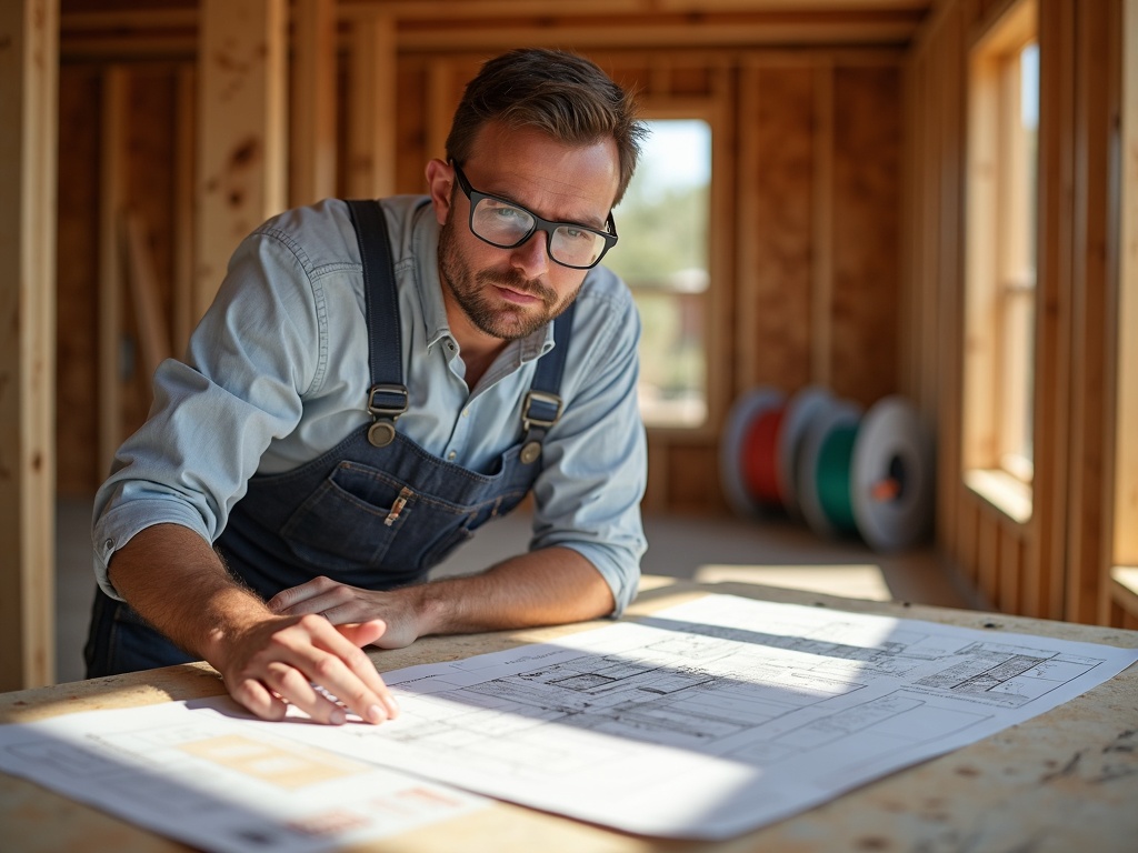 A licensed electrician reviewing construction blueprints inside a wood-framed home during pre construction electrical planning in Scottsdale AZ