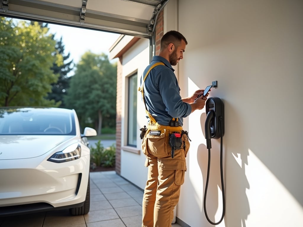 JuiceBox EV Charger Installation: What the Wiring Job Actually Involves A licensed electrician completing a juicebox ev charger installation on a garage wall in Scottsdale, Arizona, with a white EV visible in the background.