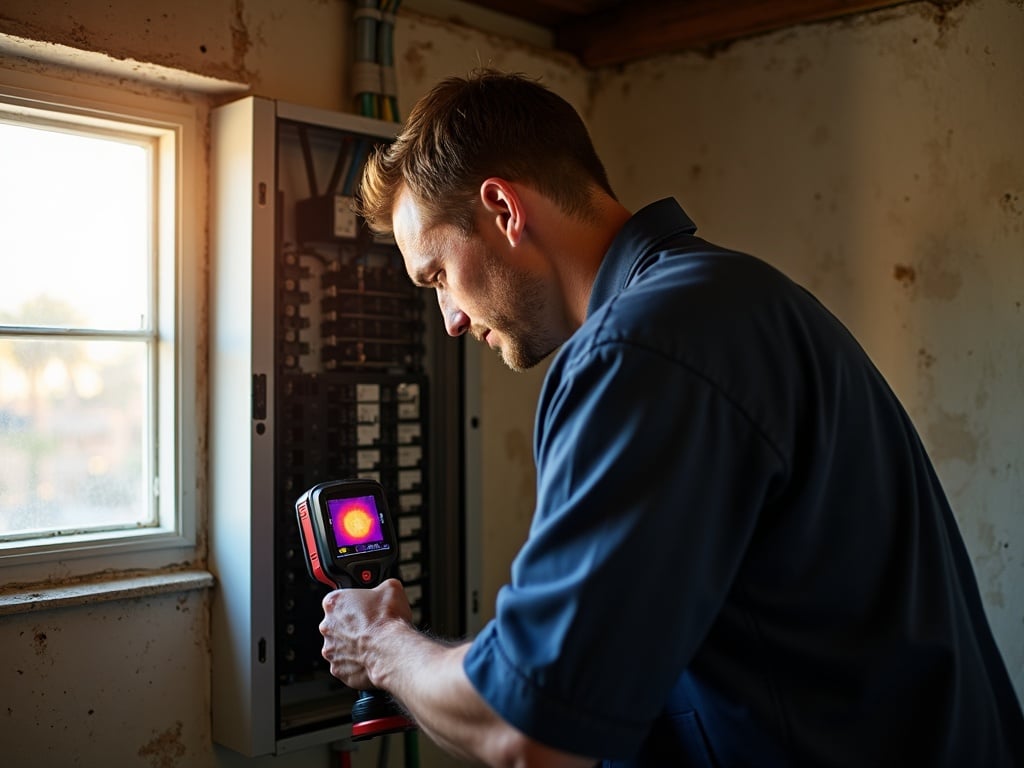 A licensed electrician performing a panel health check with a thermal imaging camera inside a residential electrical panel in an Arizona home.