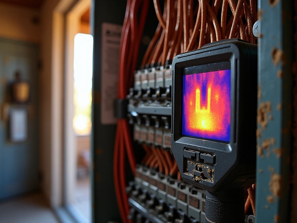 What Is a Panel Health Check — and Why Every Arizona Home Should Have One A licensed electrician performing a panel health check with a thermal imaging camera inside a residential electrical panel in an Arizona home.