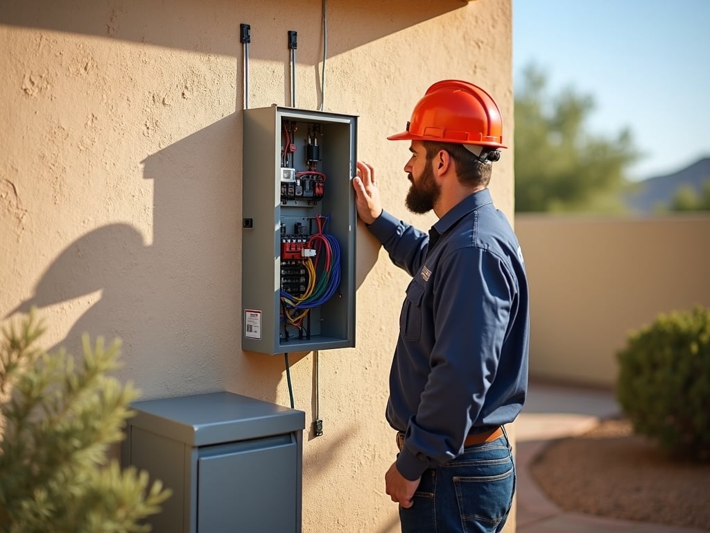 Licensed electrician completing a what size generator do I need for my house assessment during a standby generator installation at a modern Arizona home