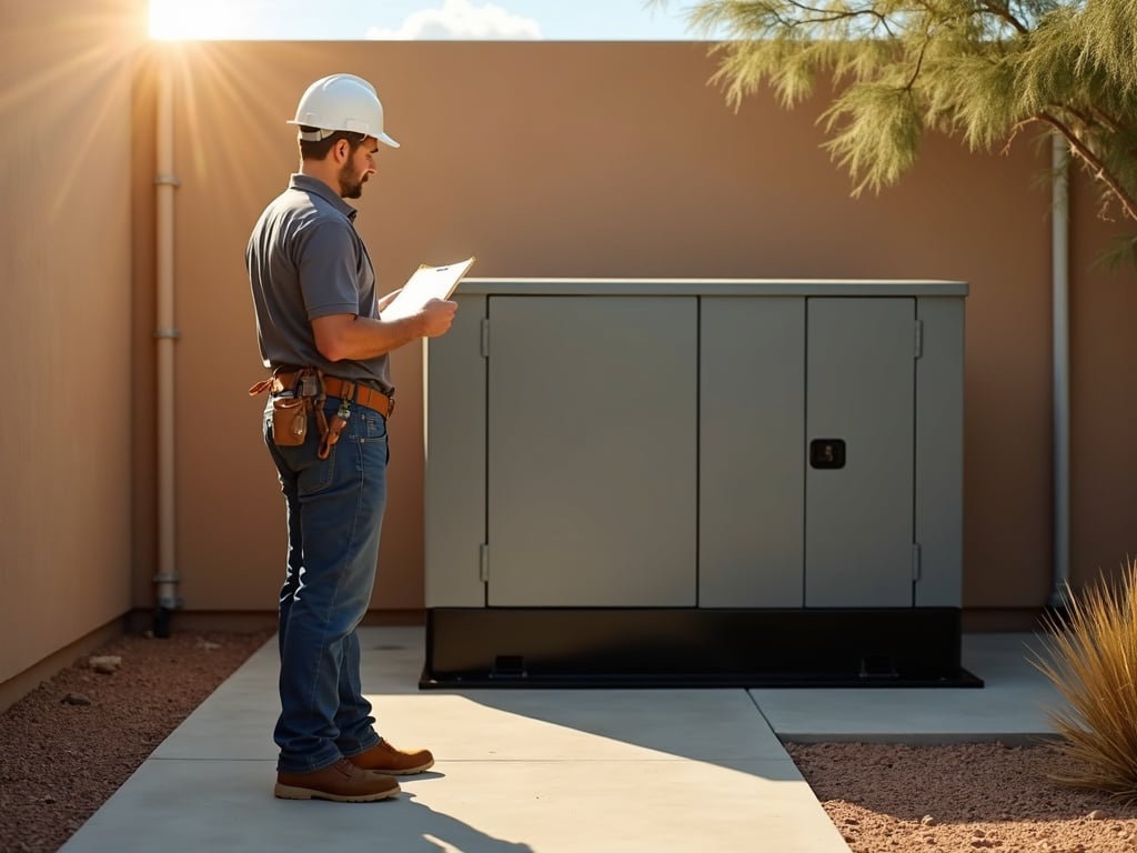Licensed electrician completing a what size generator do I need for my house assessment during a standby generator installation at a modern Arizona home