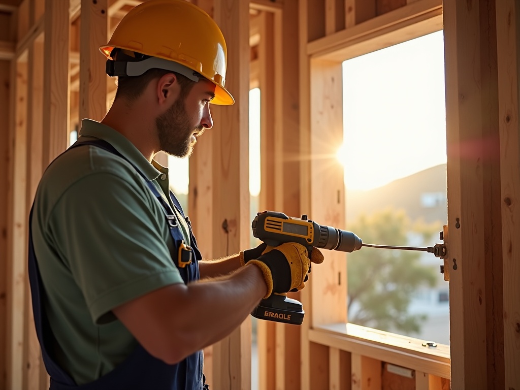 A licensed electrician performing electrical rough in for new addition work inside a freshly framed Arizona home addition, routing wiring through exposed wooden studs
