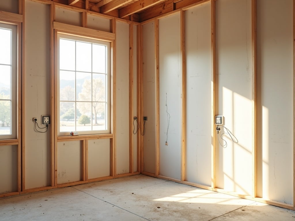 A licensed electrician performing electrical rough in for new addition work inside a freshly framed Arizona home addition, routing wiring through exposed wooden studs