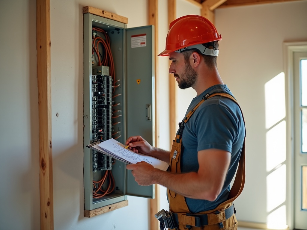 A licensed electrician performing electrical rough in for new addition work inside a freshly framed Arizona home addition, routing wiring through exposed wooden studs