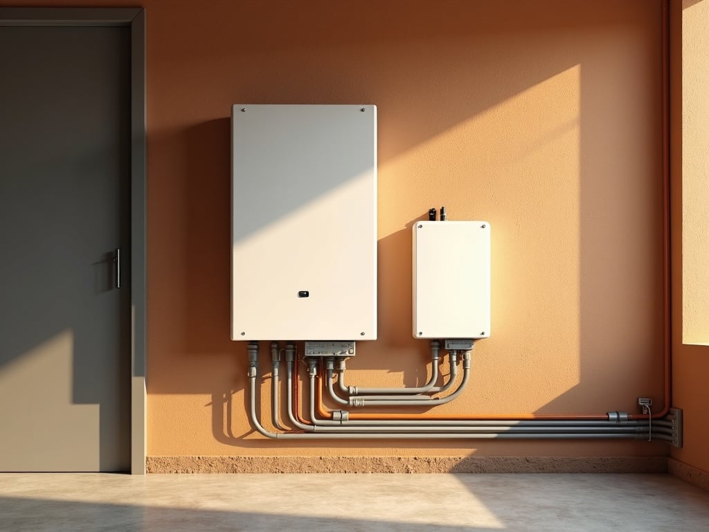 Battery Backup vs. Generator: An Honest Side-by-Side for Arizona Homeowners A licensed electrician inspecting a wall-mounted home battery backup system, illustrating the battery backup vs generator decision for Arizona homeowners.