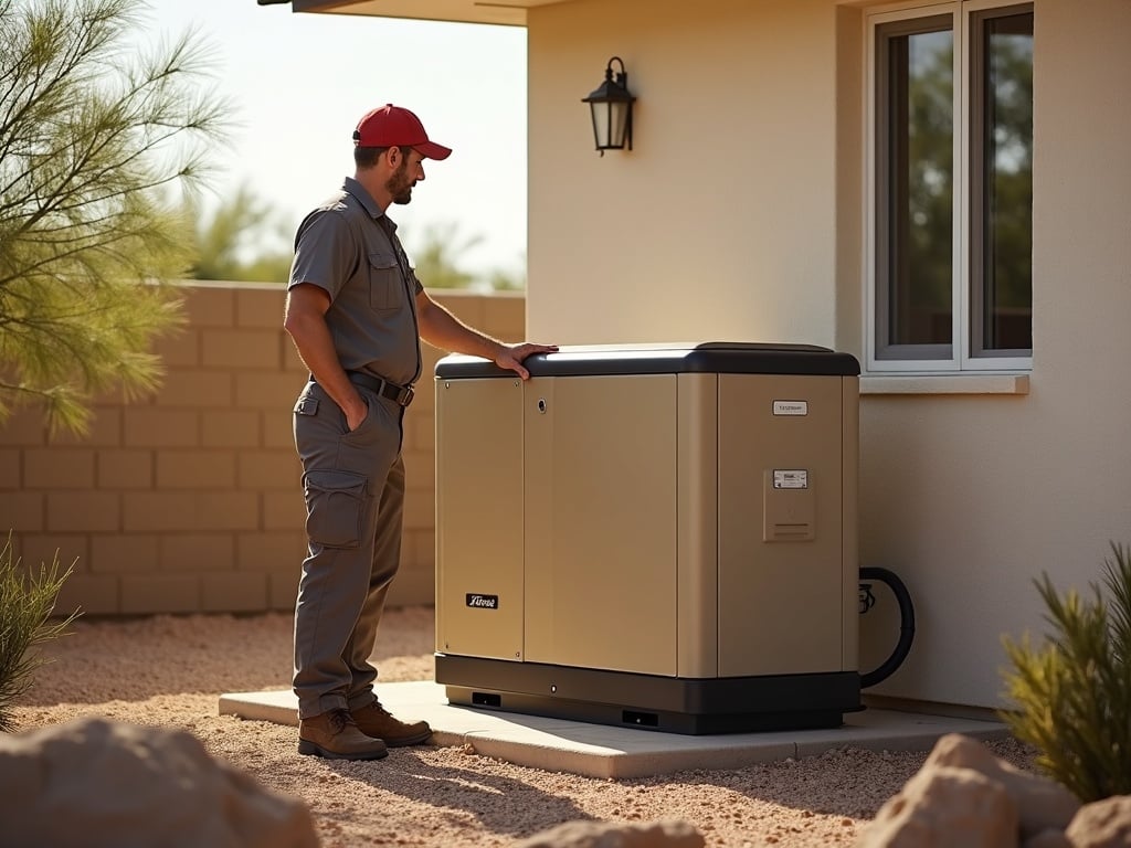 Battery Backup vs. Generator: An Honest Side-by-Side for Arizona Homeowners A licensed electrician inspecting a wall-mounted home battery backup system, illustrating the battery backup vs generator decision for Arizona homeowners.