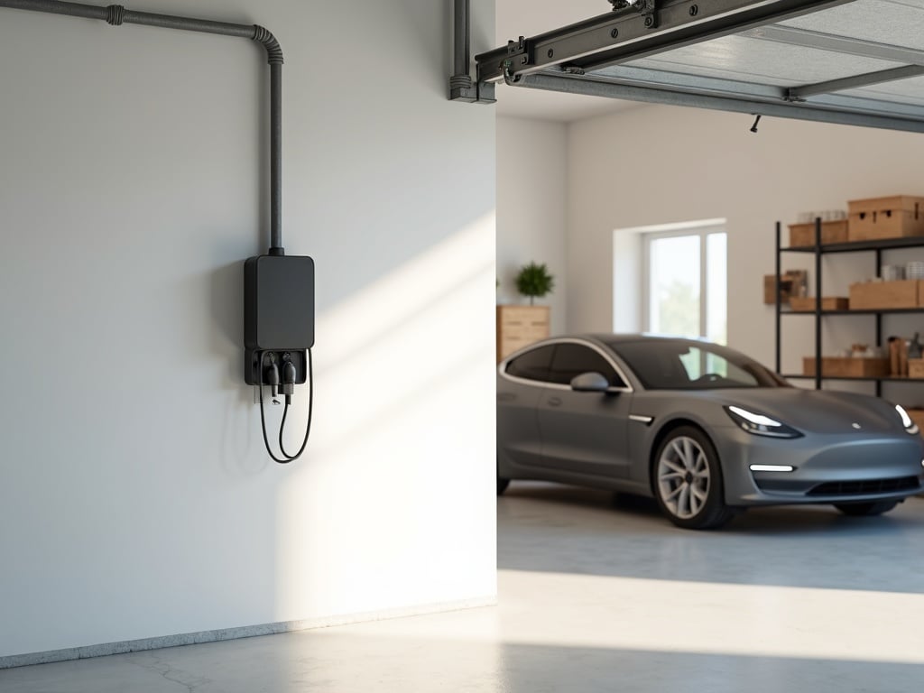 A licensed electrician completing a Wallbox EV charger installation on a garage wall in Scottsdale, Arizona, with conduit neatly run overhead