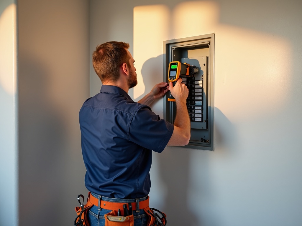 A licensed electrician using a thermal imaging camera to inspect a residential breaker panel, checking whether the panel is up to code in a is my breaker panel up to code inspection