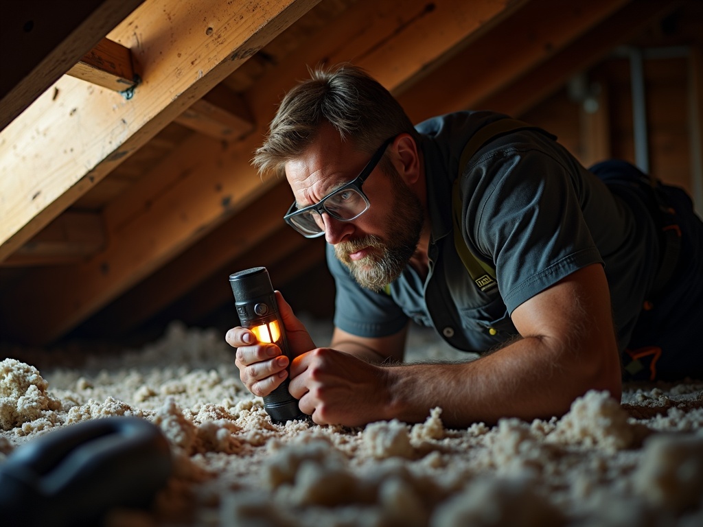 A licensed electrician inspecting pest damage wiring repair inside an Arizona home attic, with chewed cable insulation visible under flashlight