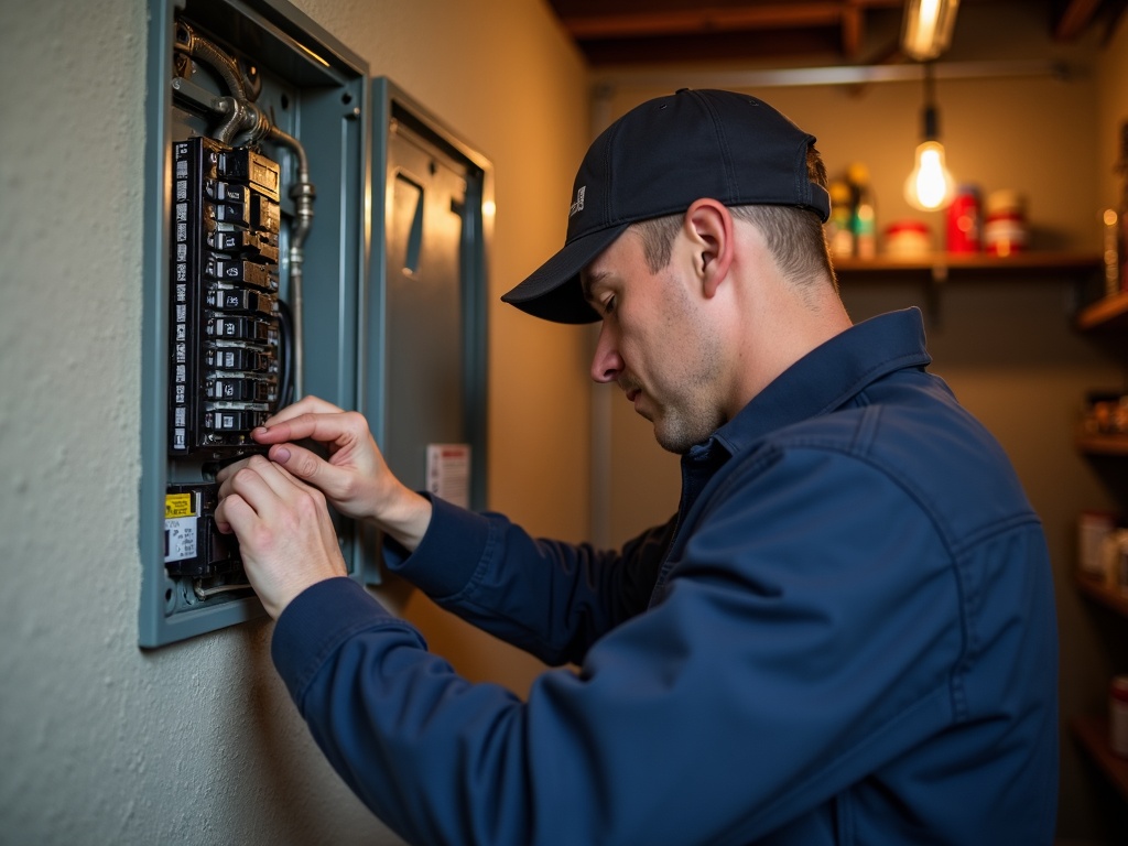 Licensed electrician performing a mislabeled breaker panel fix inside a residential home in
