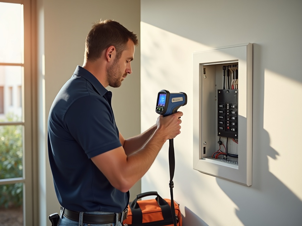 Licensed electrician using thermal-imaging camera to identify common electrical issues found on home inspection inside a residential panel in a Scottsdale home