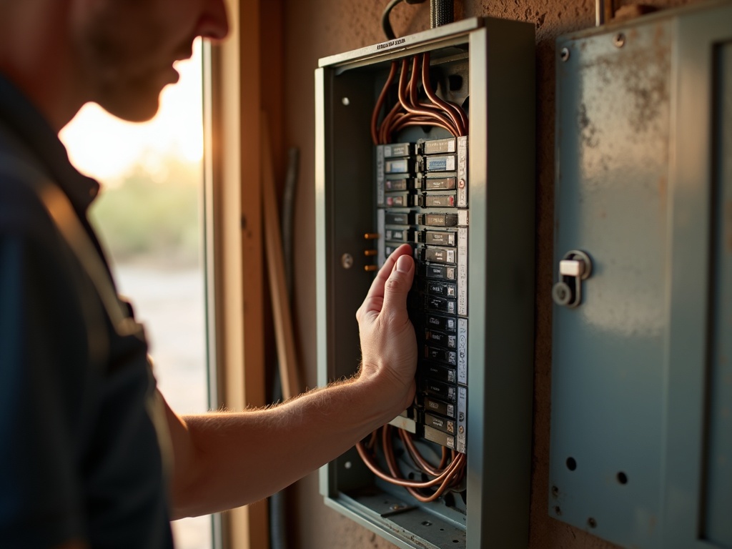 Licensed electrician using thermal-imaging camera to identify common electrical issues found on home inspection inside a residential panel in a Scottsdale home