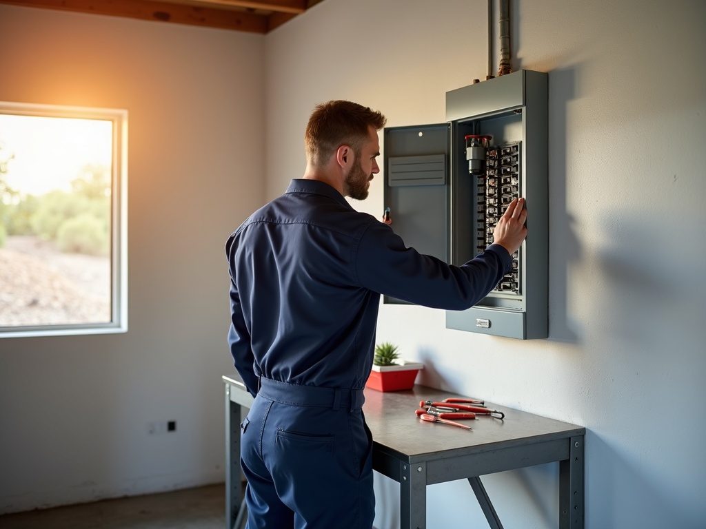 is 200 amp service enough for a modern home — A licensed electrician inspecting a residential breaker panel to determine if 200 amp service is enough for a modern home in Scottsdale, AZ