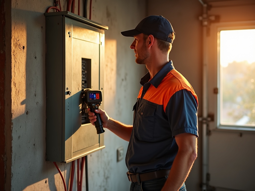 A licensed electrician performing an electrical panel brands comparison inspection on an aging residential panel in a Scottsdale home, using a thermal imaging camera in warm afternoon light