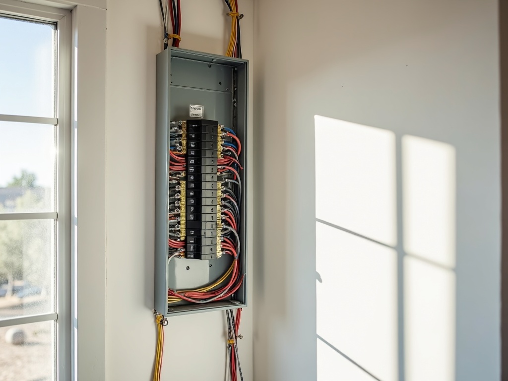 A licensed electrician performing an electrical panel brands comparison inspection on an aging residential panel in a Scottsdale home, using a thermal imaging camera in warm afternoon light