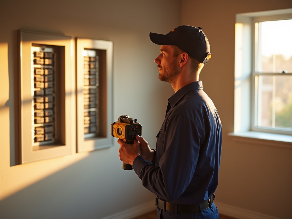 A licensed electrician using a thermal imaging camera to inspect the lifespan of electrical panel components inside a Scottsdale home utility room