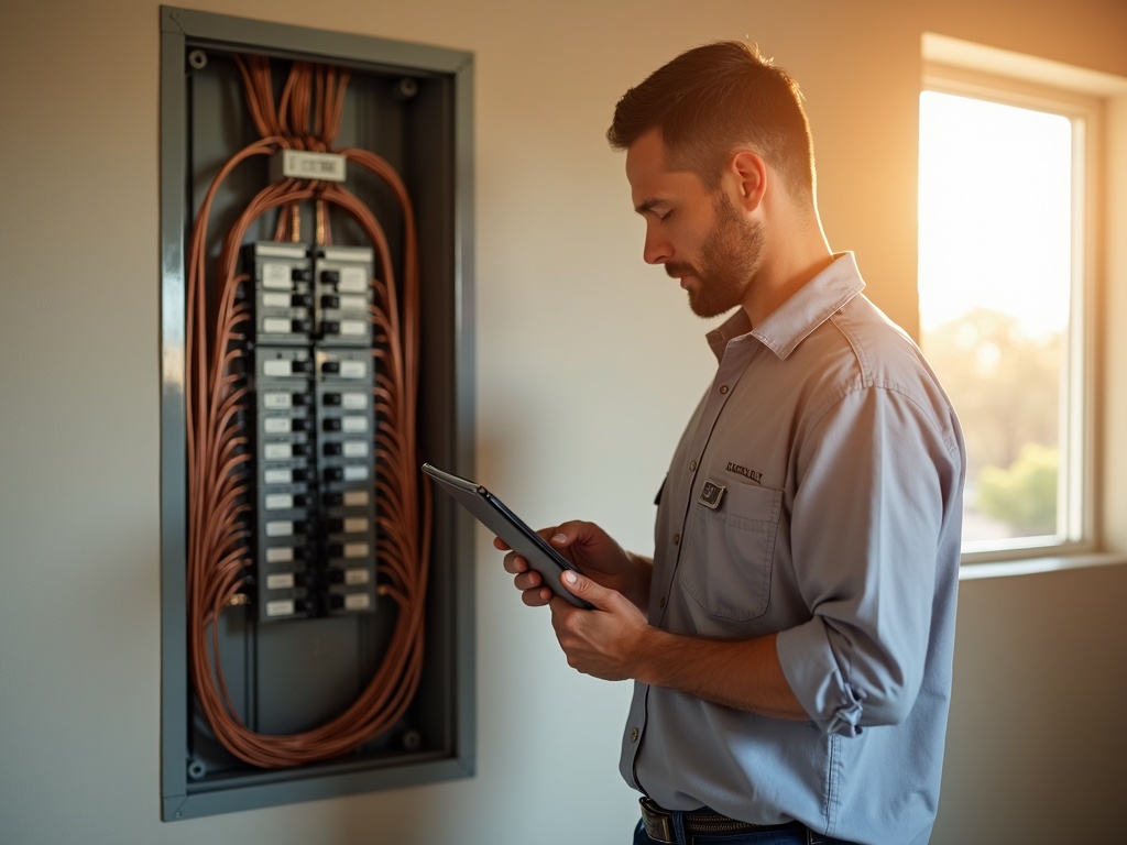 A licensed electrician using a thermal imaging camera to inspect the lifespan of electrical panel components inside a Scottsdale home utility room